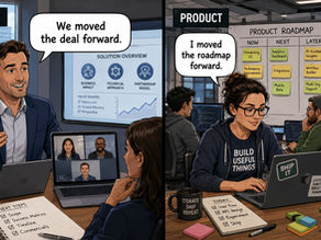 Split-screen editorial cartoon. On the left, a salesperson confidently leads a client meeting and says, “We moved the deal forward.” On the right, a product leader works with engineers on a roadmap and says, “I moved the roadmap forward.”