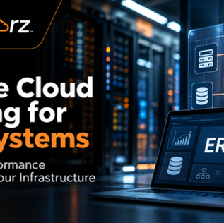 SafeStarz banner with laptop ERP dashboard and glowing cloud icons in a server room; text: Private Cloud Hosting for ERP Systems