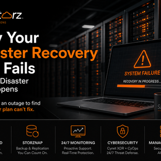 SafeStorz ad in a dark server room shows a laptop with SYSTEM FAILURE and Recovery in progress, plus disaster recovery text.