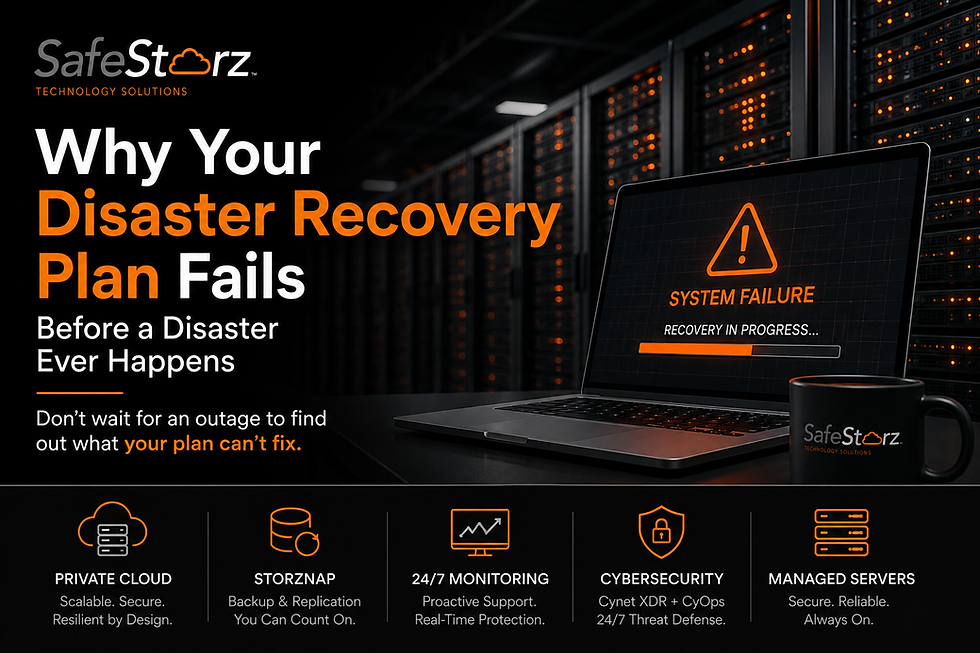 SafeStorz ad in a dark server room shows a laptop with SYSTEM FAILURE and Recovery in progress, plus disaster recovery text.
