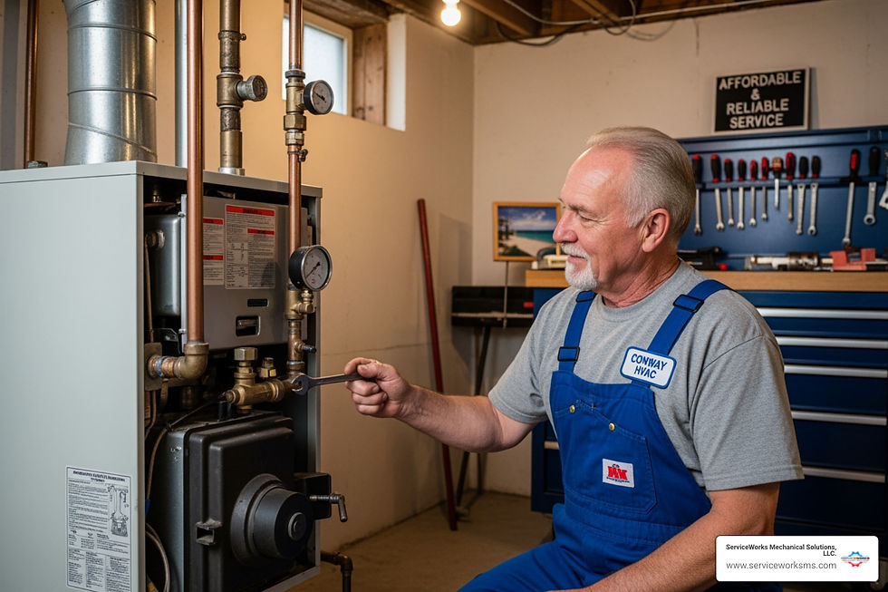 Older HVAC technician in blue overalls adjusts a furnace with a wrench in a workshop, with tools and an Affordable & Reliable Service sign.