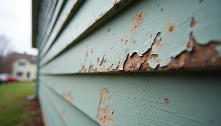 Eye-level view of a house siding with water damage and peeling paint near gutter area