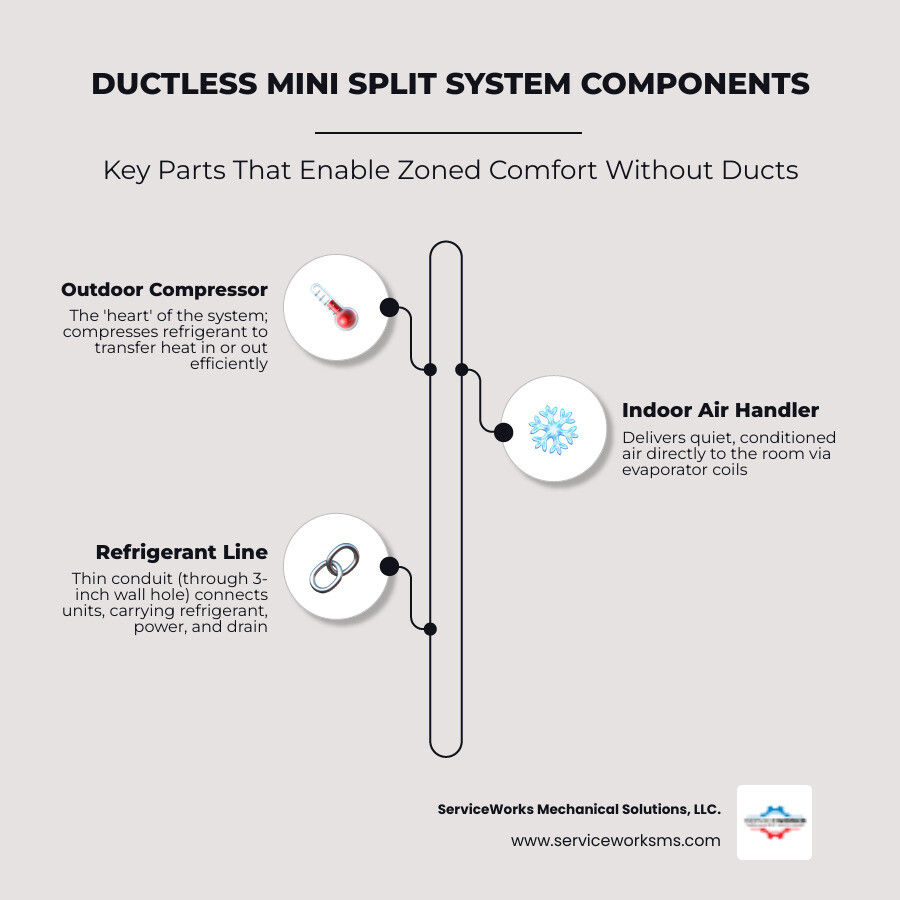 Infographic titled Ductless Mini Split System Components showing outdoor compressor, indoor air handler, and refrigerant line.
