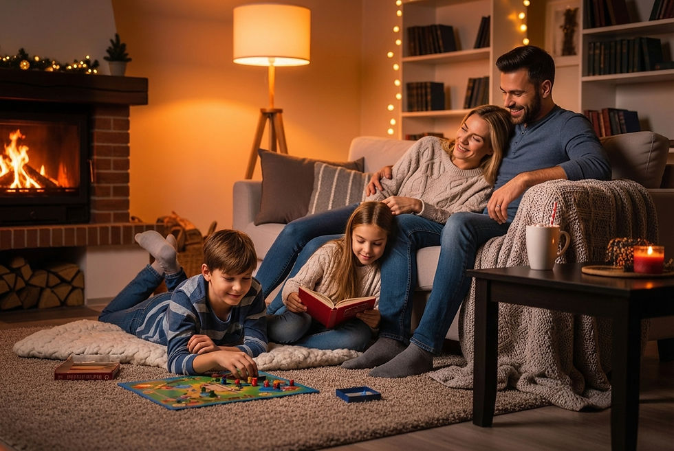 Cozy family in living room by fireplace, parents on sofa with two children; boy plays board game, girl reads book.