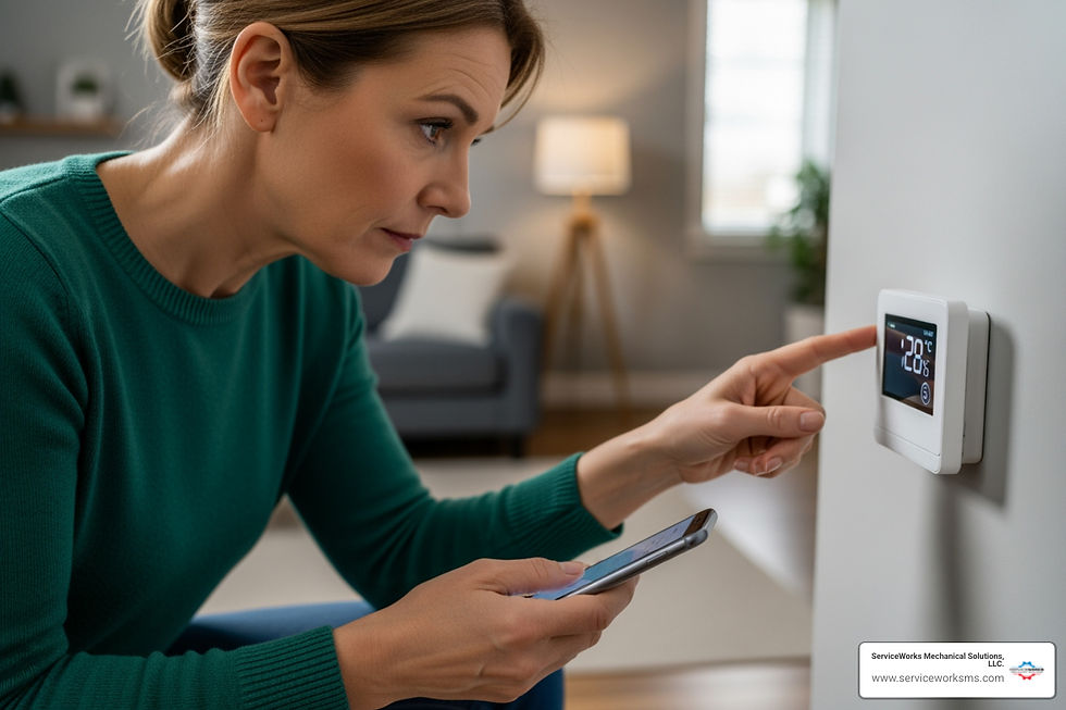 Woman in a green sweater adjusts a smart thermostat with her phone in a cozy living room.