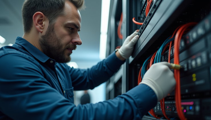 Close-up view of a Micro-Tech U.S.A technician setting up network equipment in a Chicago office