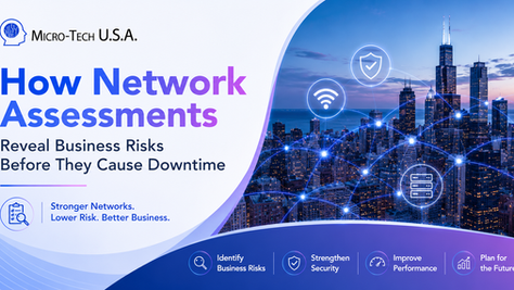 Micro-Tech U.S.A. poster with Chicago skyline, glowing network icons, and text: How Network Assessments Reveal Business Risks
