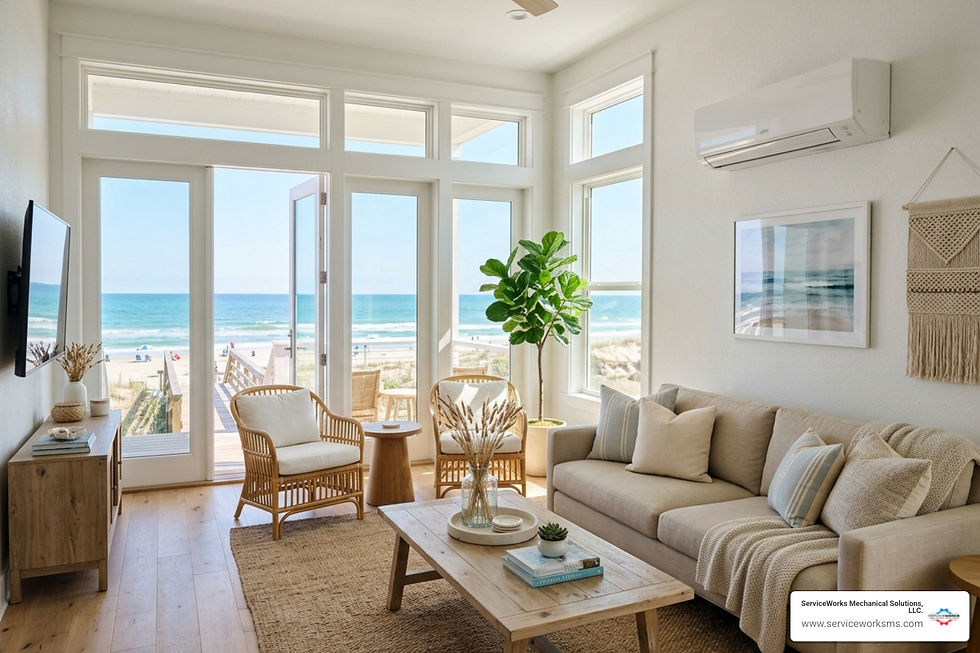 Bright beach-view living room with beige sofa, wicker chairs, and open doors; ServiceWorks Mechanical Solutions LLC watermark.