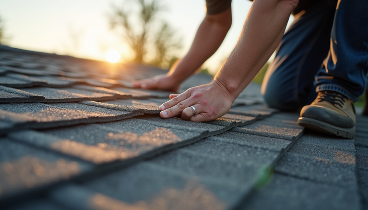 Close-up view of roofing shingles being installed by a contractor