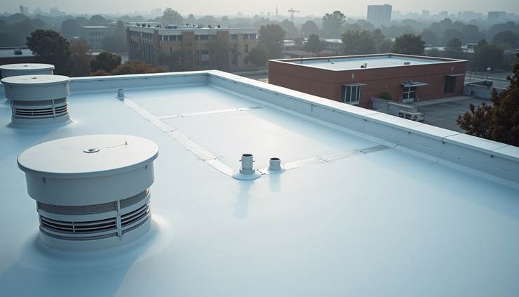High angle view of commercial roof showing drainage system and roof penetrations