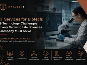 Scientist using a microscope beside a DNA monitor in a biotech lab ad for NailedIT, promoting secure, compliant IT services.