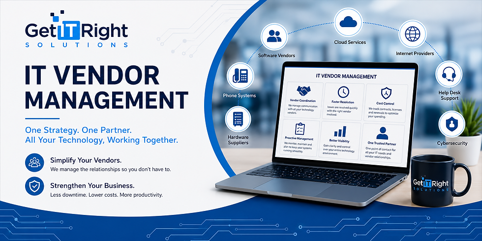 IT Vendor Management promo with laptop, cloud icons, and Get IT Right Solutions logo; blue corporate tech design.