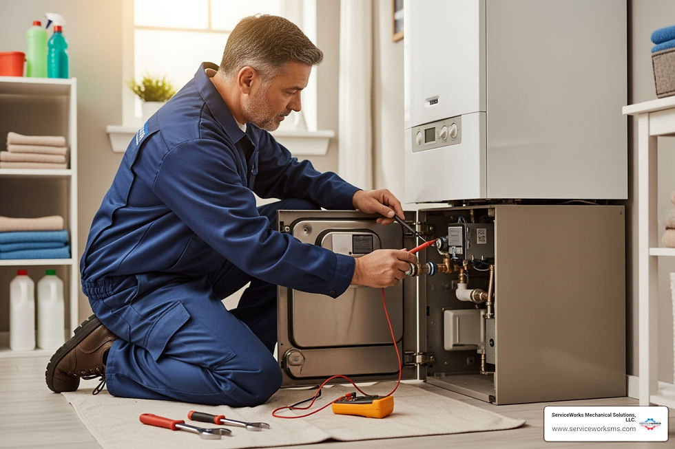 HVAC technician kneels beside an open boiler, testing it with tools in a bright laundry room; ServiceWorks logo visible.