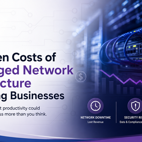 Network Providence blog graphic on hidden costs of unmanaged network infrastructure, with server racks, warning icon, and falling chart.