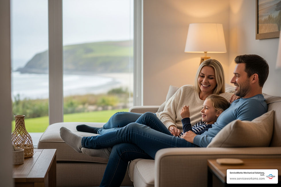 Smiling family of three relaxing on a sofa in a bright living room with a coastal view; ServiceWorks Mechanical Solutions ad.