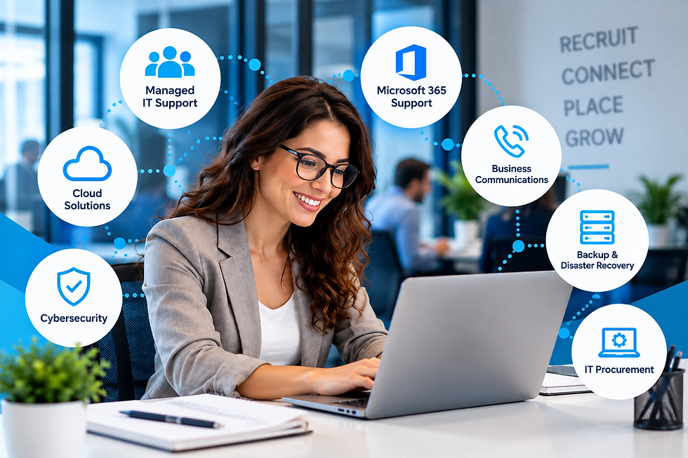 Smiling woman works on laptop in modern office, surrounded by IT service icons; wall reads RECRUIT CONNECT PLACE GROW.