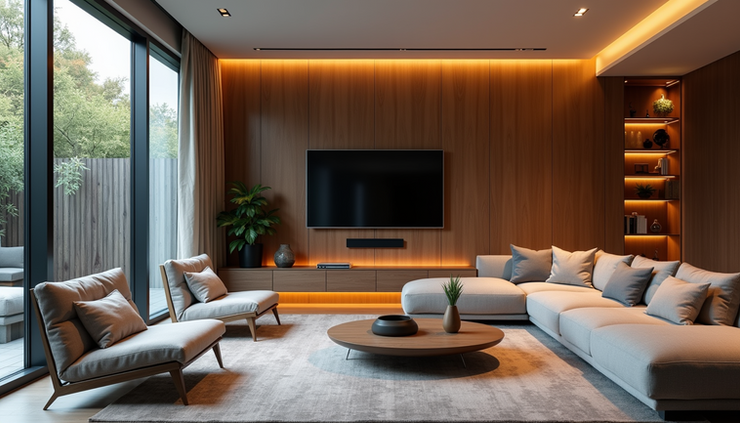 Eye-level view of a modern Connecticut living room with smart lighting fixtures
