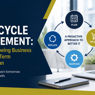 CBM IT lifecycle management infographic beside laptop, with plan-procure-maintain-replace cycle and dark blue-gold slogan text.