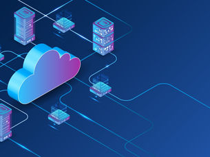 Cloud icon connected to data servers on a dark blue network grid. Bright blue and purple colors create a digital, futuristic feel.