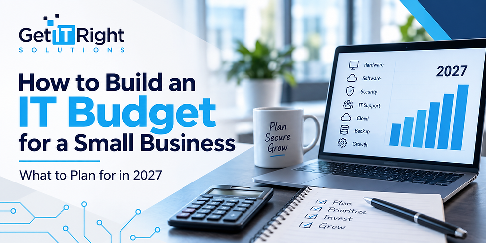 IT budget graphic with laptop chart, mug, calculator and notebook; text: How to Build an IT Budget for a Small Business