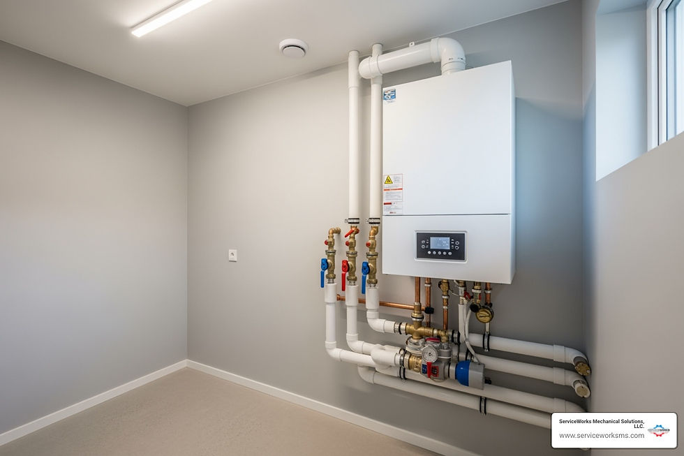 Wall-mounted white boiler and exposed pipes in a gray utility room with a window; ServiceWorks Mechanical Solutions LLC watermark.