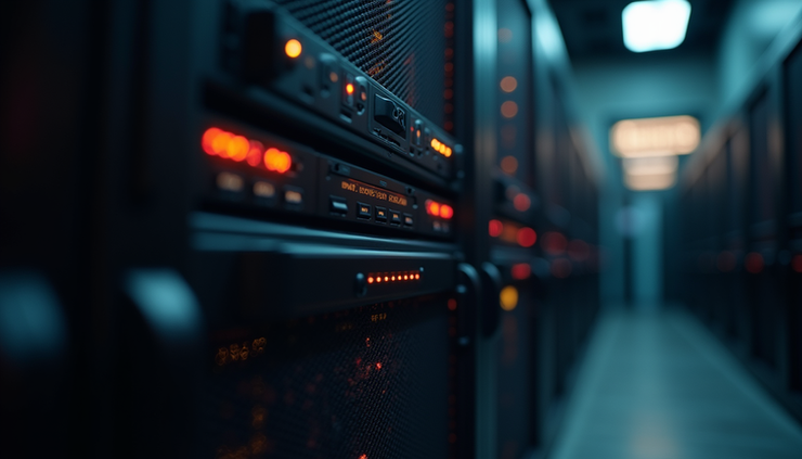 Close-up view of a backup server with blinking status lights