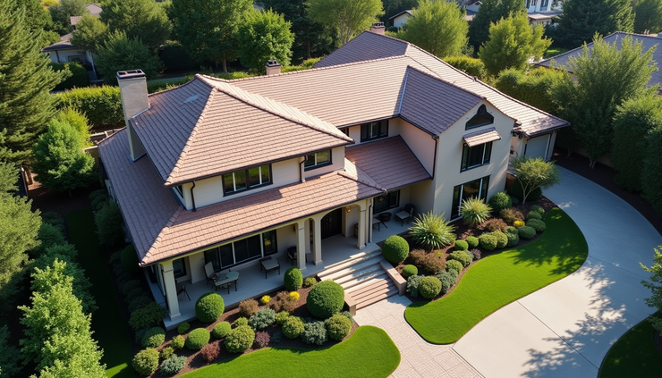 High angle view of a house with a newly completed roof and landscaped yard