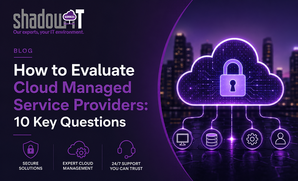 Purple Shadow IT blog graphic with cloud lock over city skyline, titled How to Evaluate Cloud Managed Service Providers: 10 Key Questions
