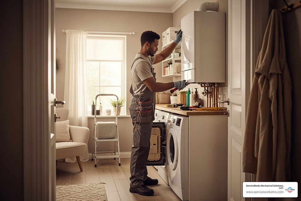 Technician repairs a wall-mounted boiler above a washer in a bright laundry room; ServiceWorks Mechanical Solutions LLC text visible.