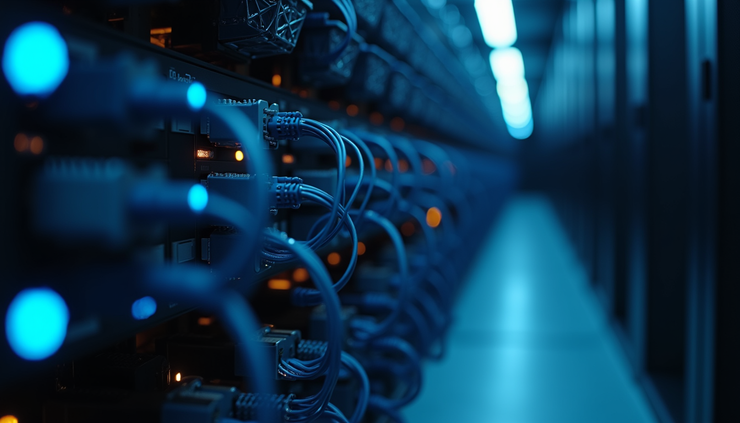 Eye-level view of a data center server rack with glowing network cables
