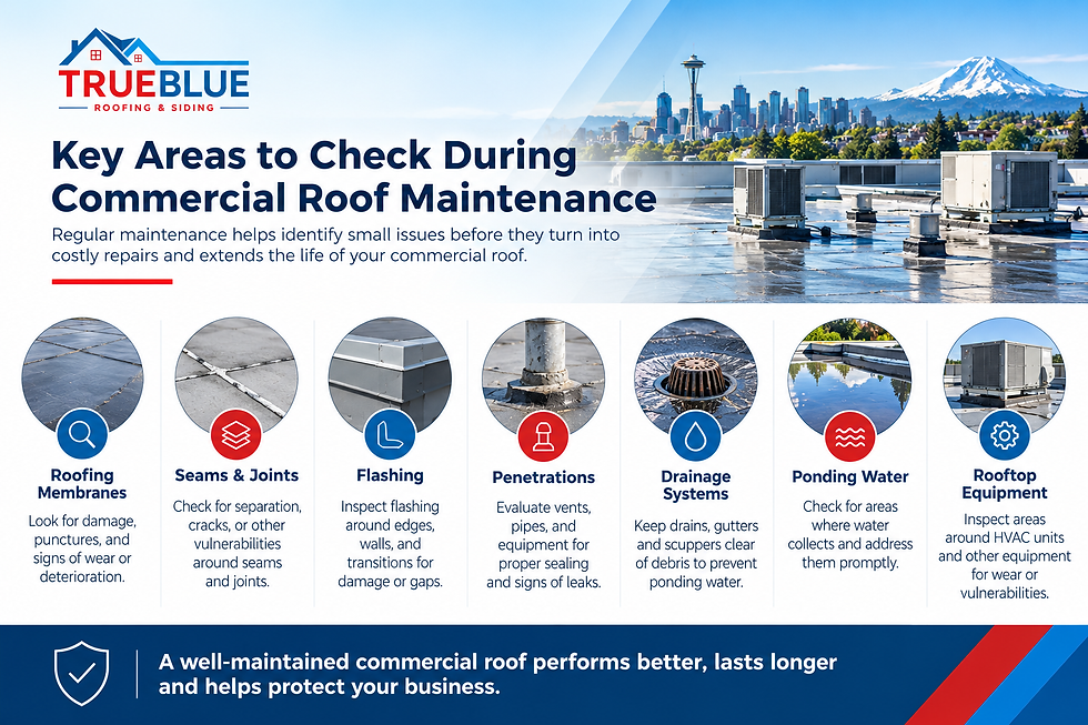 Infographic from TrueBlue Roofing & Siding on commercial roof maintenance, showing Seattle skyline, rooftop equipment, and inspection tips.