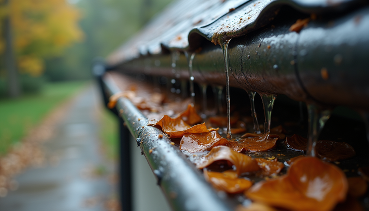 Close-up view of clogged rain gutter filled with leaves and debris
