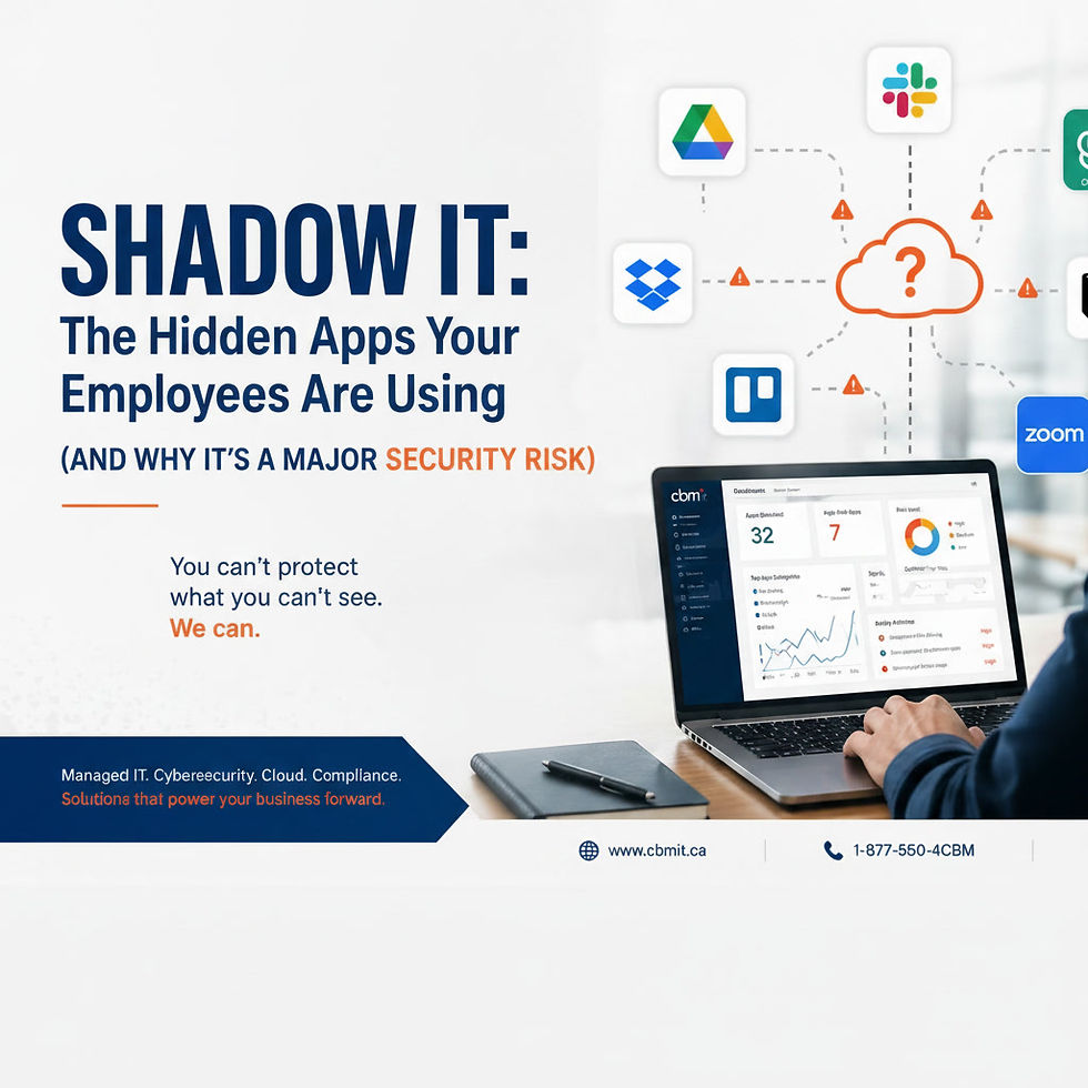 Person at desk views cybersecurity dashboard on laptop. Text highlights "Shadow IT" risks with icons of apps and connections, emphasizing security concerns.