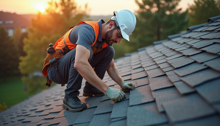 High angle view of a roofing professional inspecting a roof with tools
