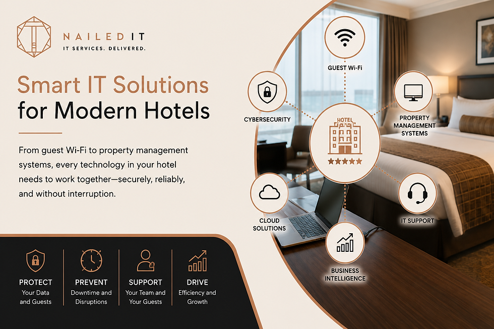 Smart IT Solutions for Modern Hotels poster over hotel room and laptop, with Wi‑Fi, cybersecurity, cloud, support and BI icons.