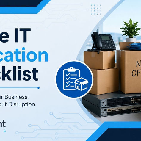 Office IT Relocation Checklist poster with boxes labeled New Office, computer gear, and GetITRight Solutions logo.