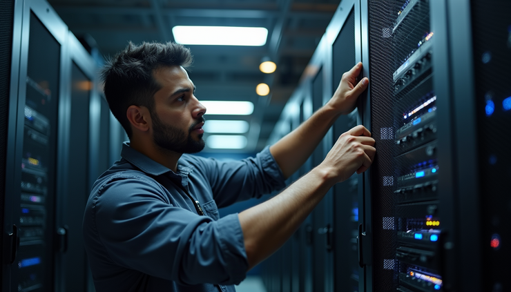 High angle view of a technician performing routine maintenance on a server rack