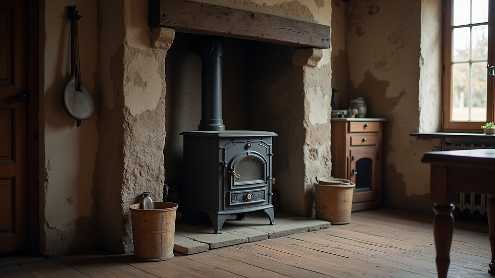 Wide angle view of a vintage coal-burning stove in a rustic home