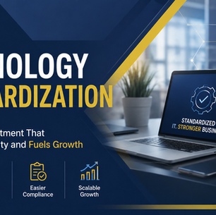 Corporate tech graphic with laptop and security icons, reading TECHNOLOGY STANDARDIZATION and Smart IT Investment tagline.