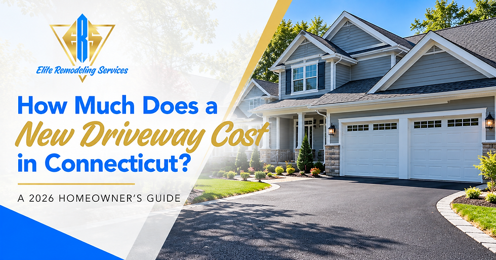Promo graphic for Elite Remodeling Services showing a gray house and driveway, with text: How Much Does a New Driveway Cost in Connecticut?