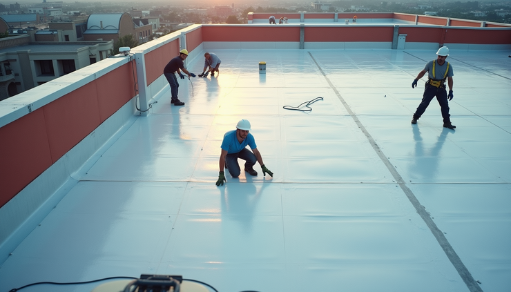 High angle view of workers installing a new commercial roof membrane