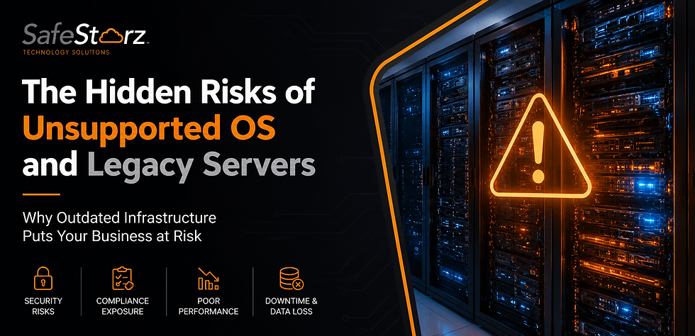 SafeStorz poster warning about unsupported OS and legacy servers, with glowing server racks and alert icon in a dark data center