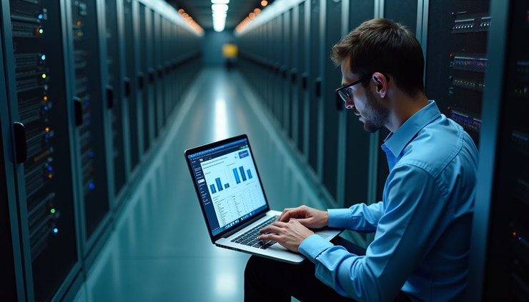 High angle view of a technician reviewing IT compliance reports on a laptop