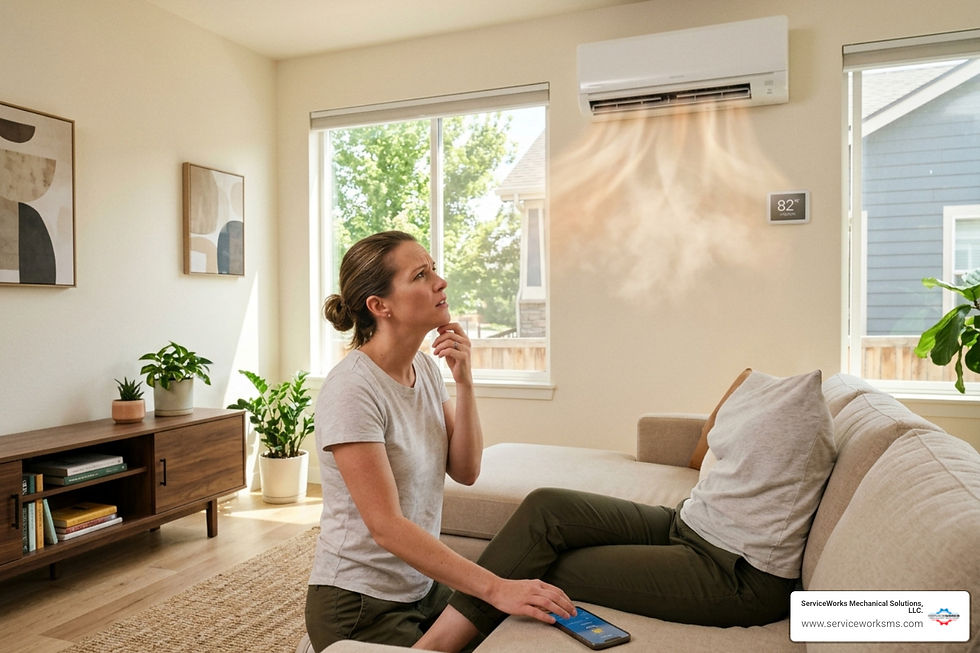 Woman on a beige sofa looks worried at a wall AC blowing air in a bright living room; thermostat reads 82°F.