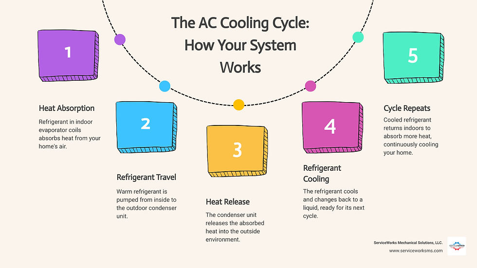 Infographic titled The AC Cooling Cycle: How Your System Works, showing five colored numbered steps in a refrigerant heat-transfer loop.