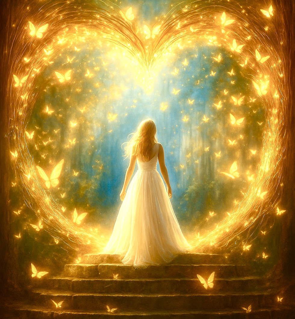 Kobieta w białej sukni otoczona złotymi motylami, stojąca w świetlistym portalu w kształcie serca - symbol inicjacji archanielskich energii i uzdrawiania czakr.