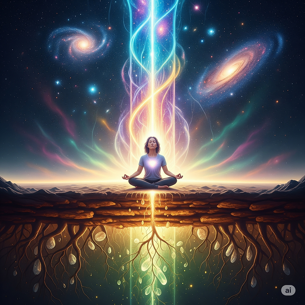 Osoba medytuje w pozycji lotosu, otoczona potężnym, świetlistym słupem energii. Światło łączy jej serce z rozgwieżdżonym kosmosem, symbolizującym duchowe połączenie, i zakorzenia ją głęboko w ziemi, co reprezentuje stabilność i ugruntowanie. Scena jest pełna intensywnych, eterycznych kolorów i odzwierciedla spokój oraz wewnętrzny potencjał.