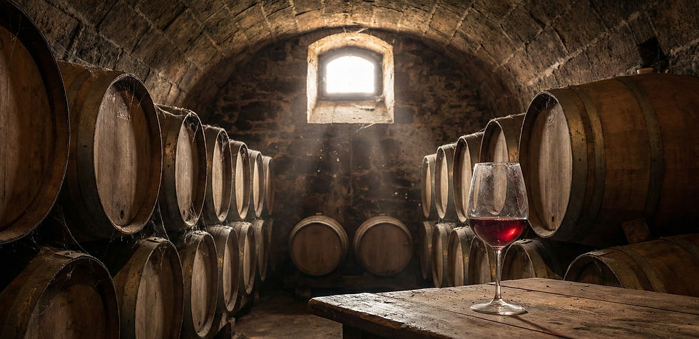 uma taça de vinho em cima de uma mesa e ao fundo tonéis de vinho