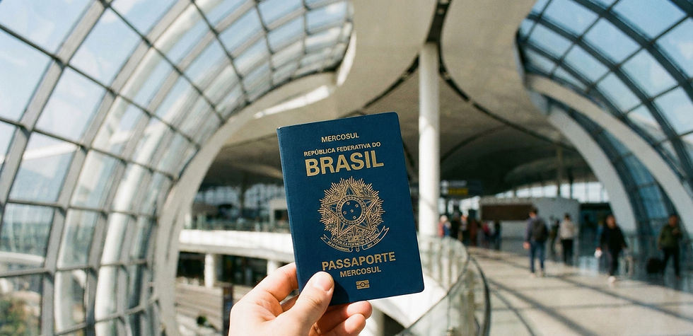 Passaporte brasileiro em aeroporto internacional na China, ilustrando a isenção de visto para turismo.