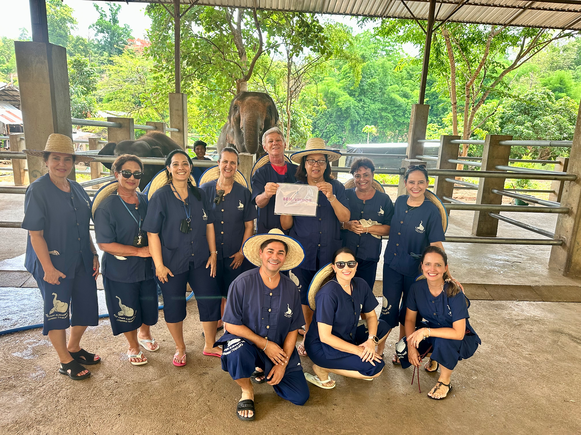 Turistas em um Santuário de elefantes na tailândia